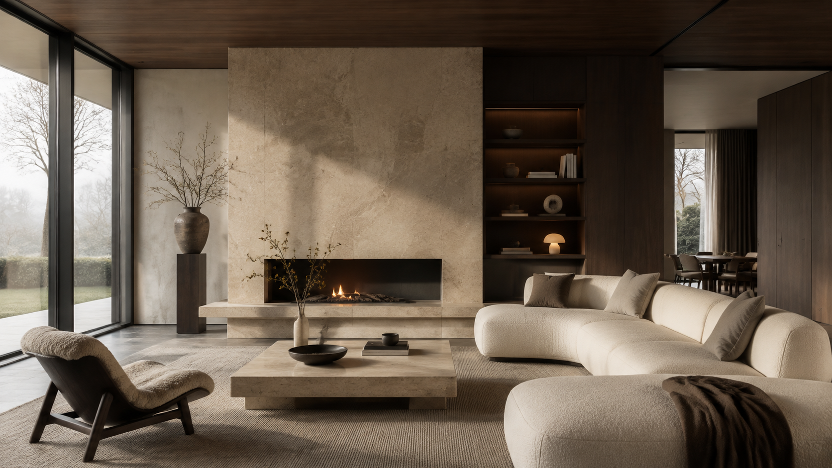 Warm minimalist living space, architectural visualization