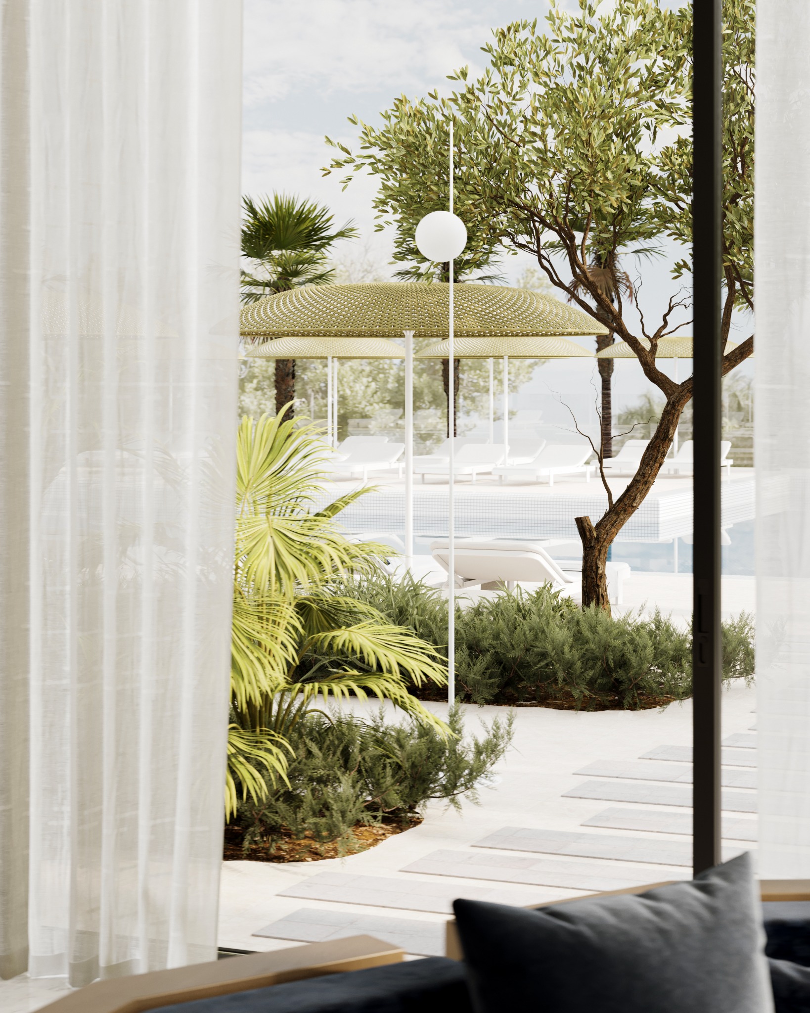 LA Onni lounge opening to landscaped courtyard