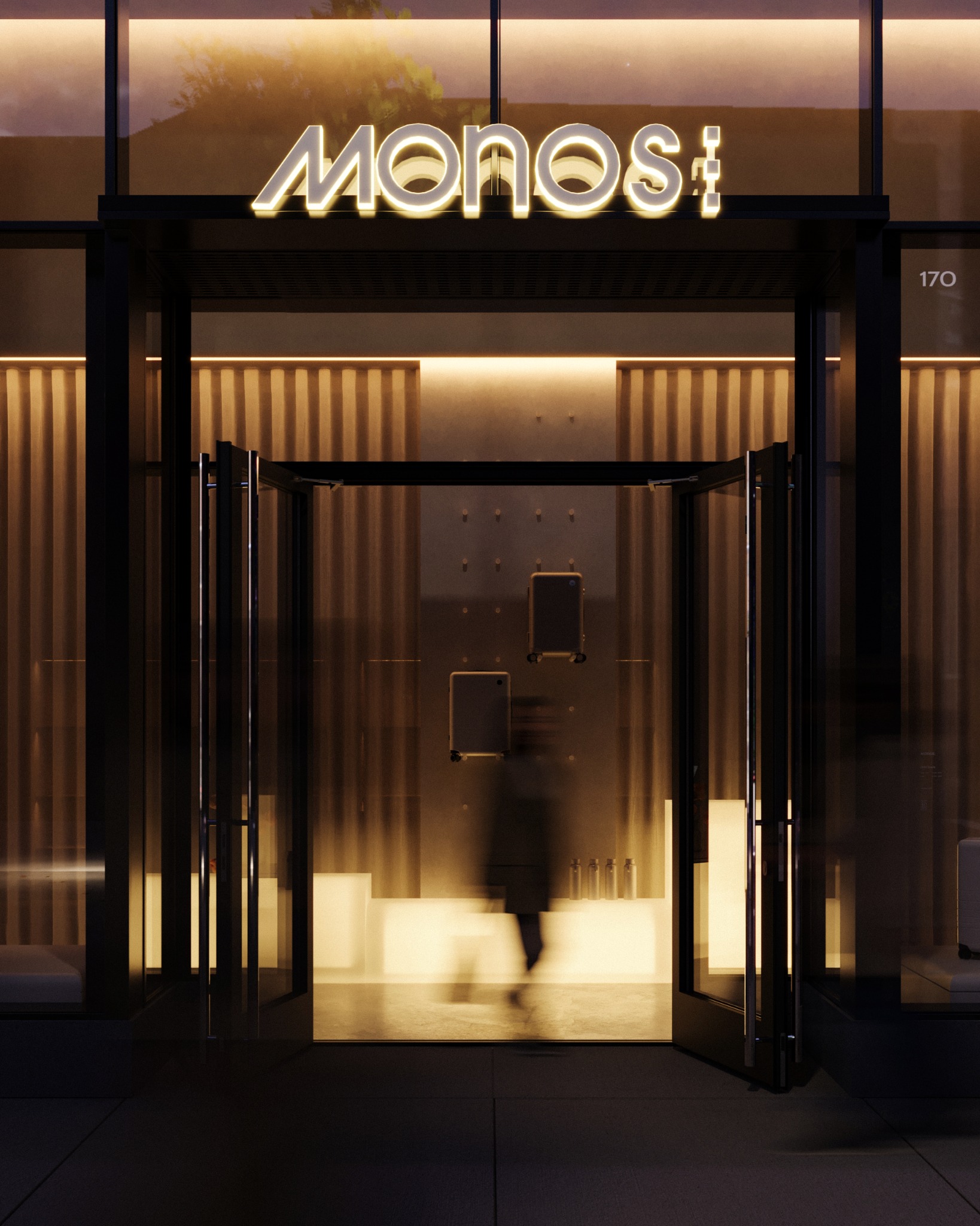 Monos Boston luggage display and custom shelving
